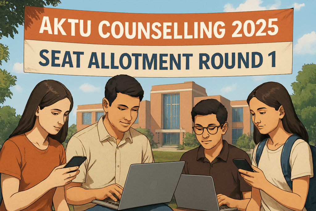 Student checking AKTU counselling seat allotment result on laptop