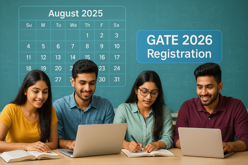 Students preparing for GATE 2026 with books and laptops