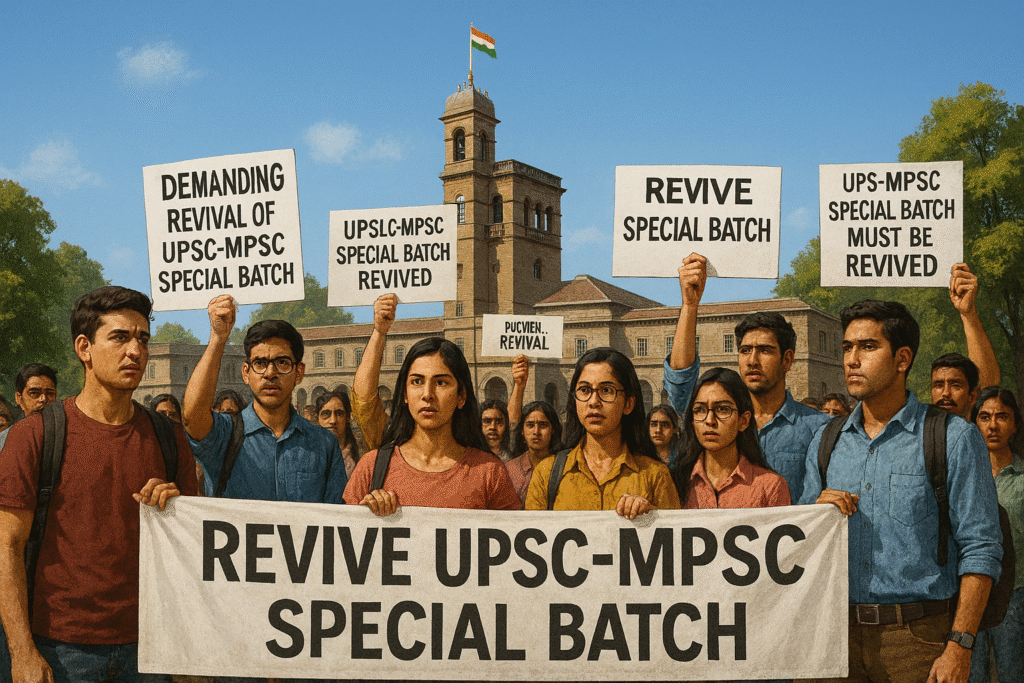mpsc mpsc Students protesting and holding banners demanding UPSC-MPSC special batch revival at SPPU campus