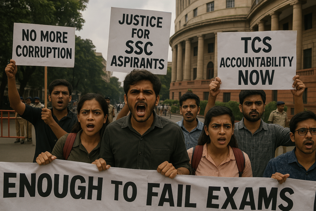 ssc ssc Students protesting SSC exam failures outside government office with banners – SSC Protest 2025
